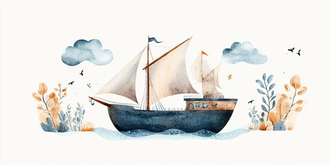 whimsical watercolor illustration of ship sailing on calm waters, surrounded by soft clouds and gentle foliage, evoking sense of adventure and tranquility
