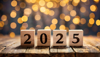 The year 2025 is spelled out with wooden blocks arranged on a rustic wooden table, highlighted by the warm glow of fairy lights in the background. The soft, defocused lights add a festive 2025