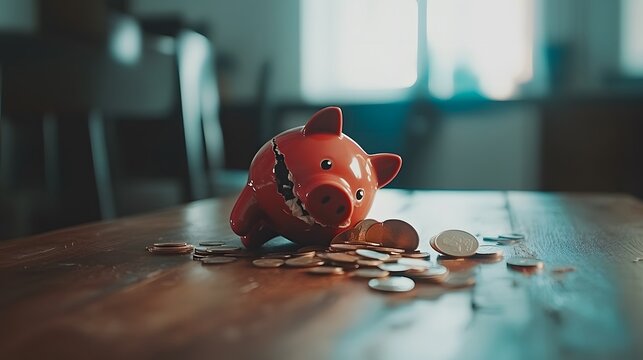 Broken piggy bank with coins scattered around, symbolizing financial struggle and the need for careful budgeting and saving.