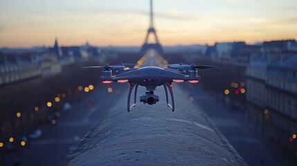 Aerial View of Drone Flying Over Paris at Sunset with Eiffel Tower in the Background Highlighted by Soft Warm Lights