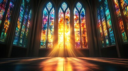 Obraz premium Sunbeams stream through vibrant stained glass windows in a majestic gothic cathedral interior.