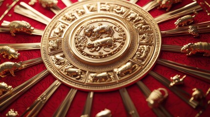 Detailed close-up of a golden zodiac wheel with animal signs, on a red background.