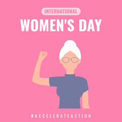 International Womens Day card. AccelerateAction 2025 campaign. Woman showing strength in their hand. Flat vector banner