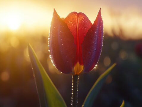 Single red tulip with water droplets
