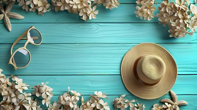 Beach accessories on blue wooden background.