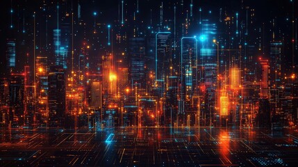 Fototapeta premium Futuristic Urban Landscape with Neon Lights and Digital Elements Displaying Connectivity and Technological Advancement in a Night Scene