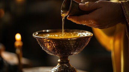 Priest pouring holy oil into a golden bowl during a religious ceremony.