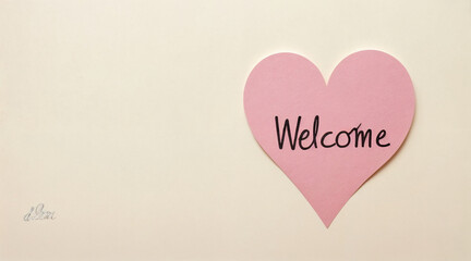 Welcome message on a heart sticky note on empty background
