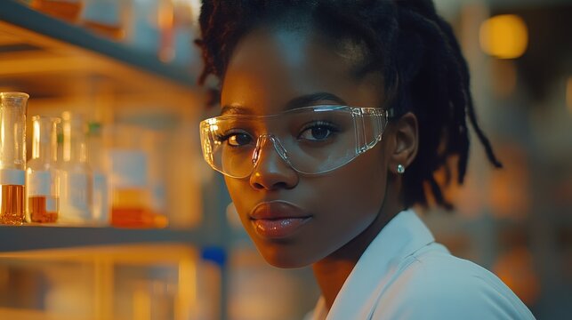 Portrait of a confident female scientist in a laboratory setting, wearing protective eyewear and a lab coat while conducting research with various glassware in the background