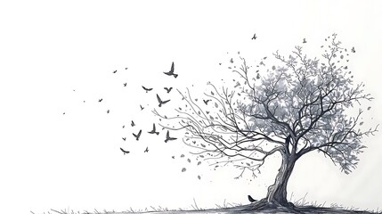 Monochrome sketch of a leafless tree with birds flying away, symbolizing loss or change.