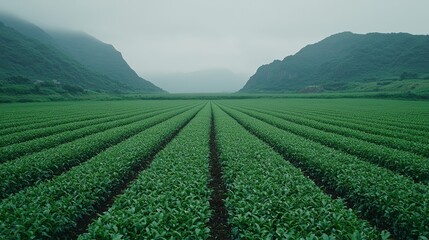 Green Tea Plantation and Mist-Covered Mountains