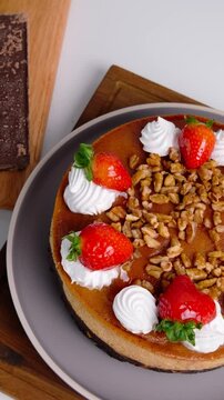 Vertical video Homemade Mexican chocoflan, impossible cake, flan napolitano, a Mexican dessert with strawberries, nuts and whipped cream on top, high view angle