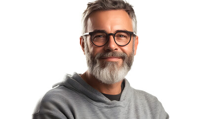 Obraz premium Mature, bearded man with a cheerful smile wearing a sweatshirt stands alone on a white background, looking at the camera mid-aged, gray-haired senior hipster