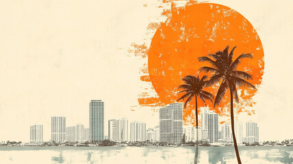 Fototapeta premium vibrant sunset over Miami skyline with palm trees creates serene atmosphere