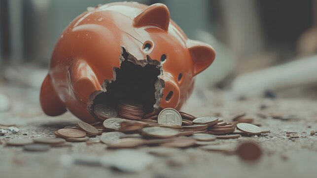 Broken piggy bank with coins scattered around, symbolizing financial struggle and the need for careful budgeting and saving.