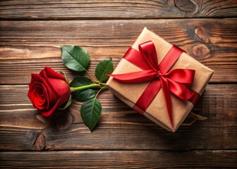 Fototapeta premium Kraft Gift Box with Elegant Red Ribbon and Rose on a Rustic Wooden Table, Perfect for Valentine's Day, Mother's Day, and Birthdays, Copyspace for Personalized Greeting Messages