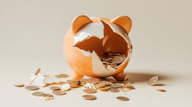 Broken piggy bank with coins scattered around, symbolizing financial struggle and the need for careful budgeting and saving.