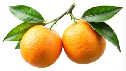 Two ripe oranges on branch with green leaves isolated , oranges, fruits, branch, leaves, isolated, citrus, fresh, vibrant, healthy