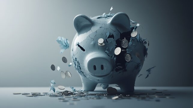 Broken piggy bank with coins scattered around, symbolizing financial struggle and the need for careful budgeting and saving.
