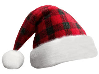 Red and black plaid Santa hat with white fur trim clipart on transparent background for rustic Christmas themes