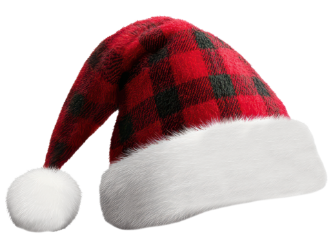 Red and black plaid Santa hat with white fur trim clipart on transparent background for rustic Christmas themes