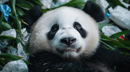 Obraz premium Animal pollution microplastics. Panda resting among greenery and ice in a serene environment.