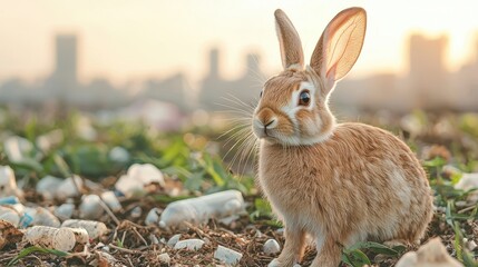 Fototapeta premium Animal pollution microplastics. A rabbit sitting on the ground with a city backdrop at sunset.