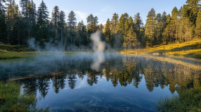 natural transpiration ecosystem environment Tranquil lake surrounded by trees with mist rising at sunrise.