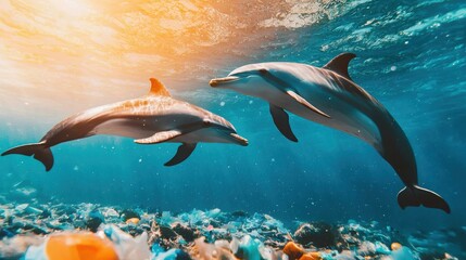 Fototapeta premium Animal pollution microplastics. Two dolphins swimming gracefully in vibrant, clear ocean water.