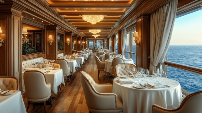 Guests enjoy fine dining in a beautifully designed restaurant with an ocean view, featuring elegant decor and soft lighting.