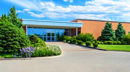 Senior care facility exterior with well-maintained garden and welcoming entrance. Emphasizing comfort and dignity in elderly living environments.