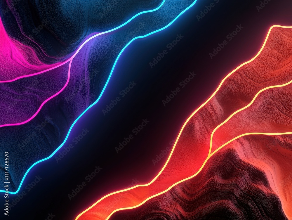 Poster a vibrant, abstract design featuring flowing neon lines in shades of blue, pink, and orange against 