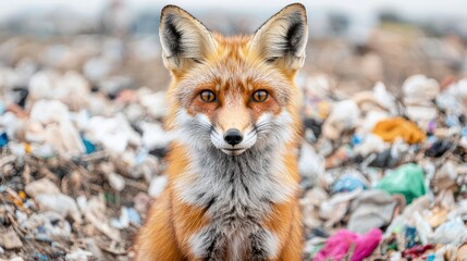 Fototapeta premium Animal pollution microplastics. Fox in a refuse site surrounded by trash and debris.