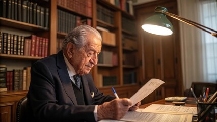 Fototapeta premium An elderly gentleman in a dark suit with subtle patterns sits in a traditional office filled with books. He holds a highlighter as he reviews the candidates resume occasionally