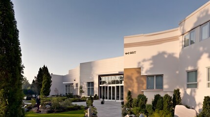 Senior care facility exterior with well-maintained garden and welcoming entrance. Emphasizing comfort and dignity in elderly living environments.