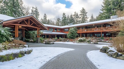 Senior care facility exterior with well-maintained garden and welcoming entrance. Emphasizing comfort and dignity in elderly living environments.