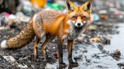 Fototapeta premium Animal pollution microplastics. Wild fox standing amidst trash in a polluted environment.