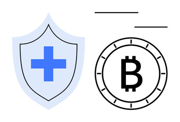 Shield with blue medical cross beside Bitcoin coin under two horizontal lines. Ideal for healthcare, cryptocurrency, finance, security, blockchain, digital transactions, and insurance themes. Line