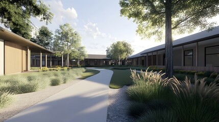 Senior care facility exterior with well-maintained garden and welcoming entrance. Emphasizing comfort and dignity in elderly living environments.