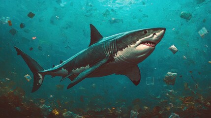 Naklejka premium Animal pollution microplastics. Shark swimming in polluted water with debris surrounding it.