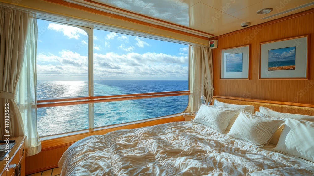 Poster a spacious cabin on a cruise ship features a large window showcasing breathtaking ocean views. sunli