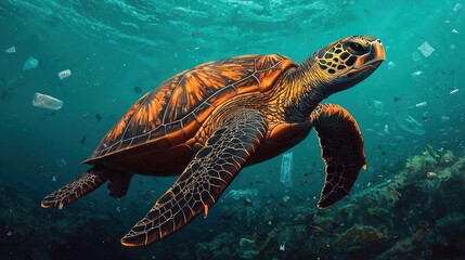 Fototapeta premium Animal pollution microplastics. Underwater turtle swimming amidst marine debris.