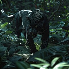 Majestic black jaguar stalking through lush rainforest undergrowth.