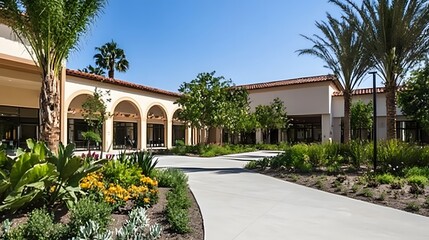 Senior care facility exterior with well-maintained garden and welcoming entrance. Emphasizing comfort and dignity in elderly living environments.