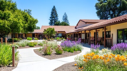 Senior care facility exterior with well-maintained garden and welcoming entrance. Emphasizing comfort and dignity in elderly living environments.