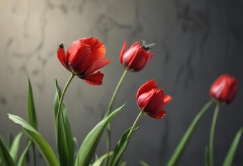 Obraz premium A small fly flying around a crimson tulip's stem and leaves, garden, nature
