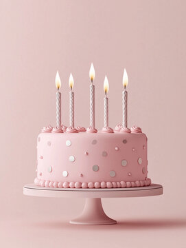 Polka-dot pink birthday cake with silver candles