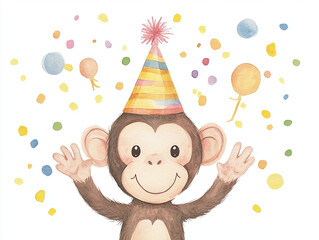 Naklejka premium whimsical watercolor illustration of monkey wearing party hat, celebrating with colorful confetti and balloons. This cheerful scene evokes joy and fun