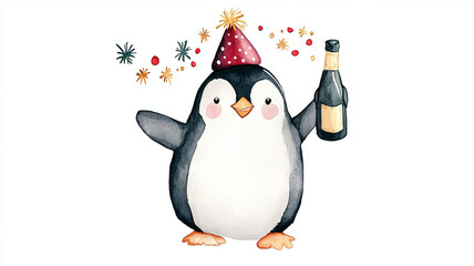 Obraz premium whimsical watercolor illustration of cheerful penguin celebrating with party hat and bottle. This festive scene captures joy and fun in playful style
