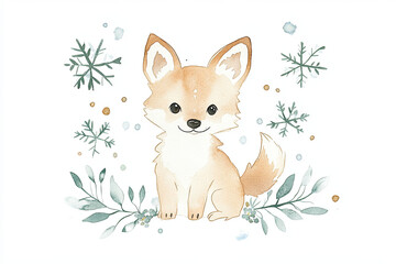 Fototapeta premium whimsical watercolor illustration of cute wolf cub surrounded by snowflakes and greenery, evoking sense of joy and playfulness in winter setting